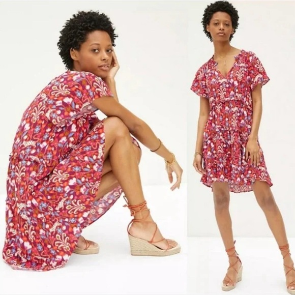 Anthropologie Red and Blue Floral Mini Dress. Boho chic Quiet luxury/Beach wear - Picture 2 of 8